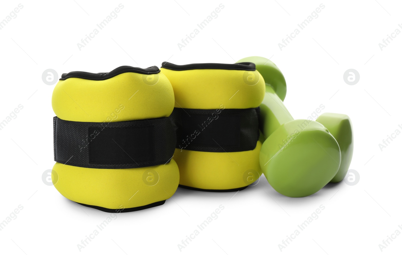 Photo of Stylish weighting agents and dumbbells on white background. Sport equipment