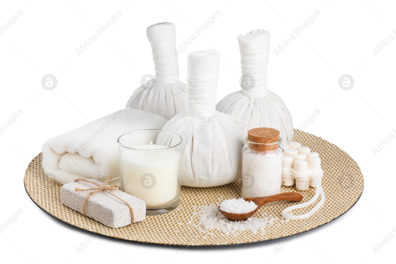 Photo of Beautiful spa composition with different care products isolated on white