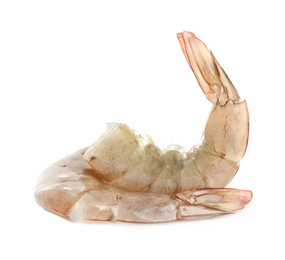 Photo of Fresh raw shrimps isolated on white. Healthy seafood