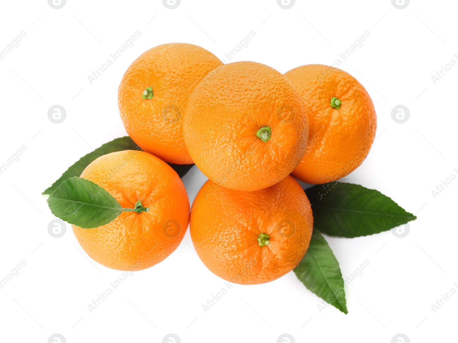 Photo of Fresh ripe oranges with green leaves on white background, top view