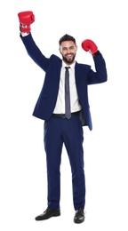 Photo of Happy young businessman with boxing gloves celebrating victory on white background