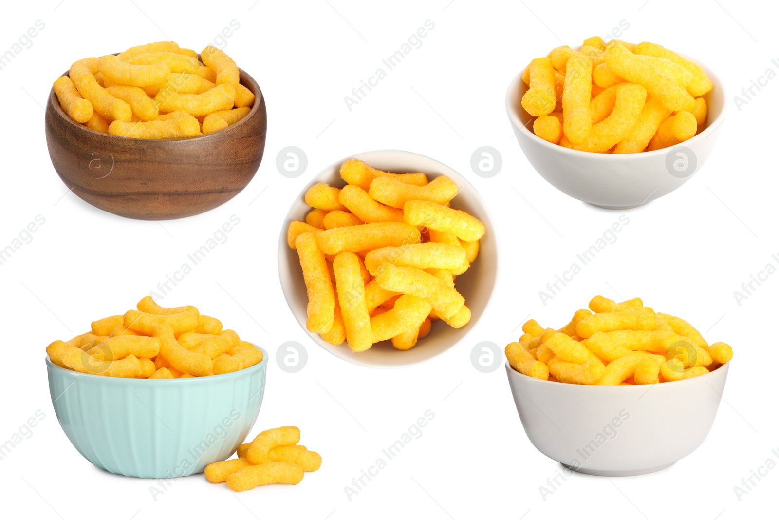 Image of Bowls with tasty corn sticks on white background, collage design