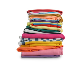 Photo of Stack of folded clothes isolated on white