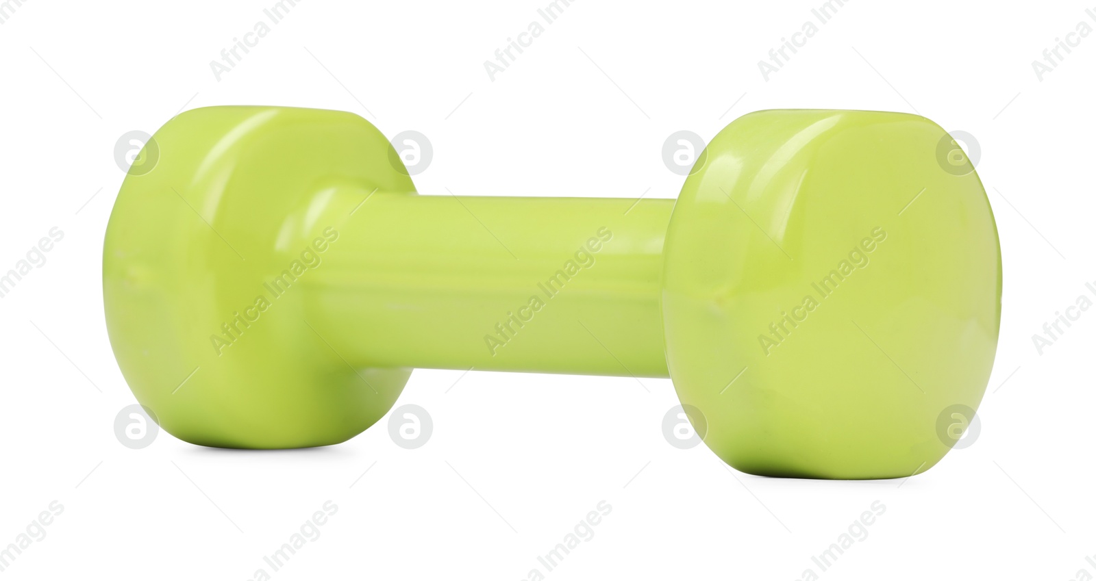 Photo of Light green dumbbell isolated on white. Sports equipment