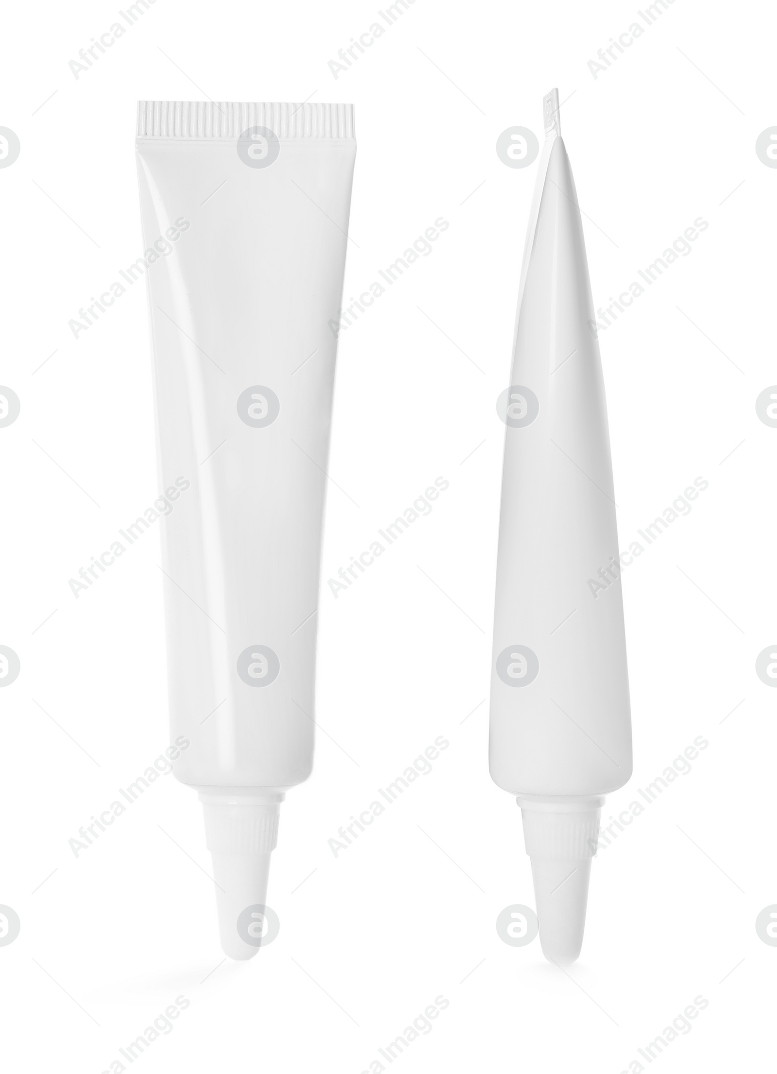 Image of Blank tubes of cosmetic products on white background, collage. Mockup for design