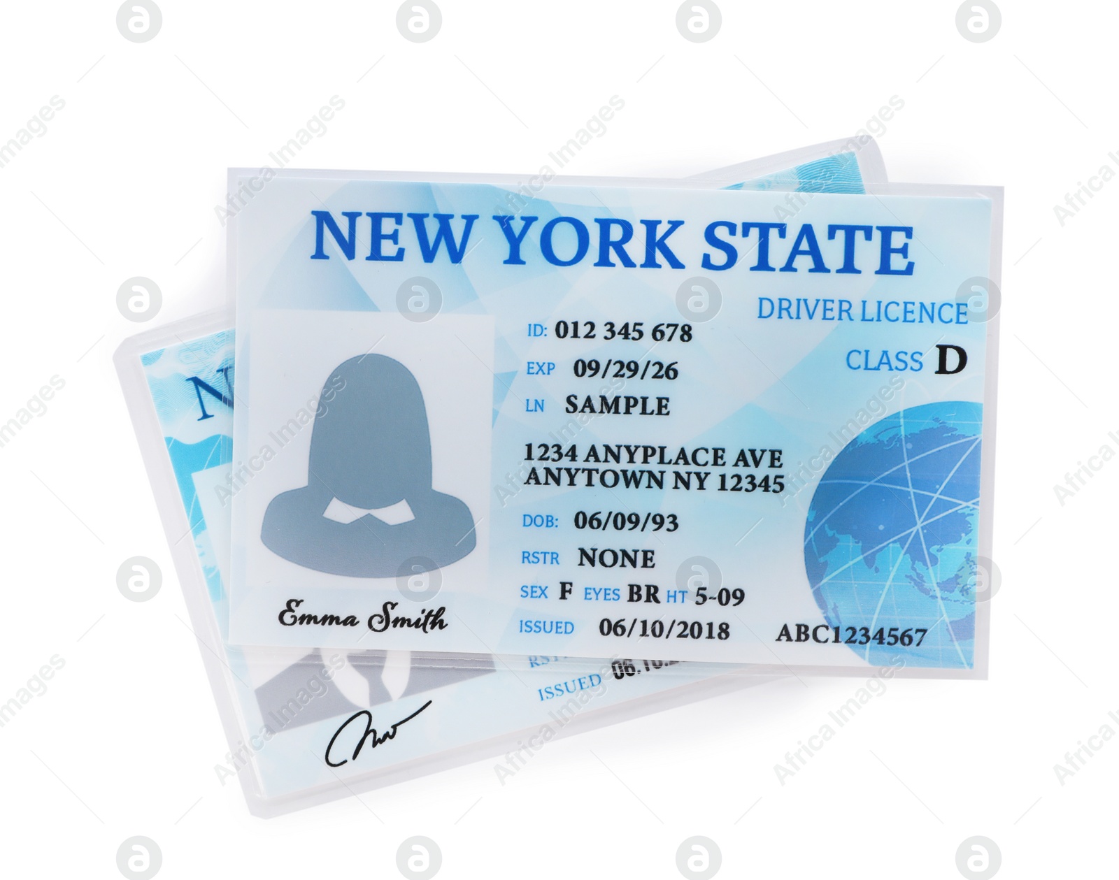 Photo of American driving licenses on white background, top view