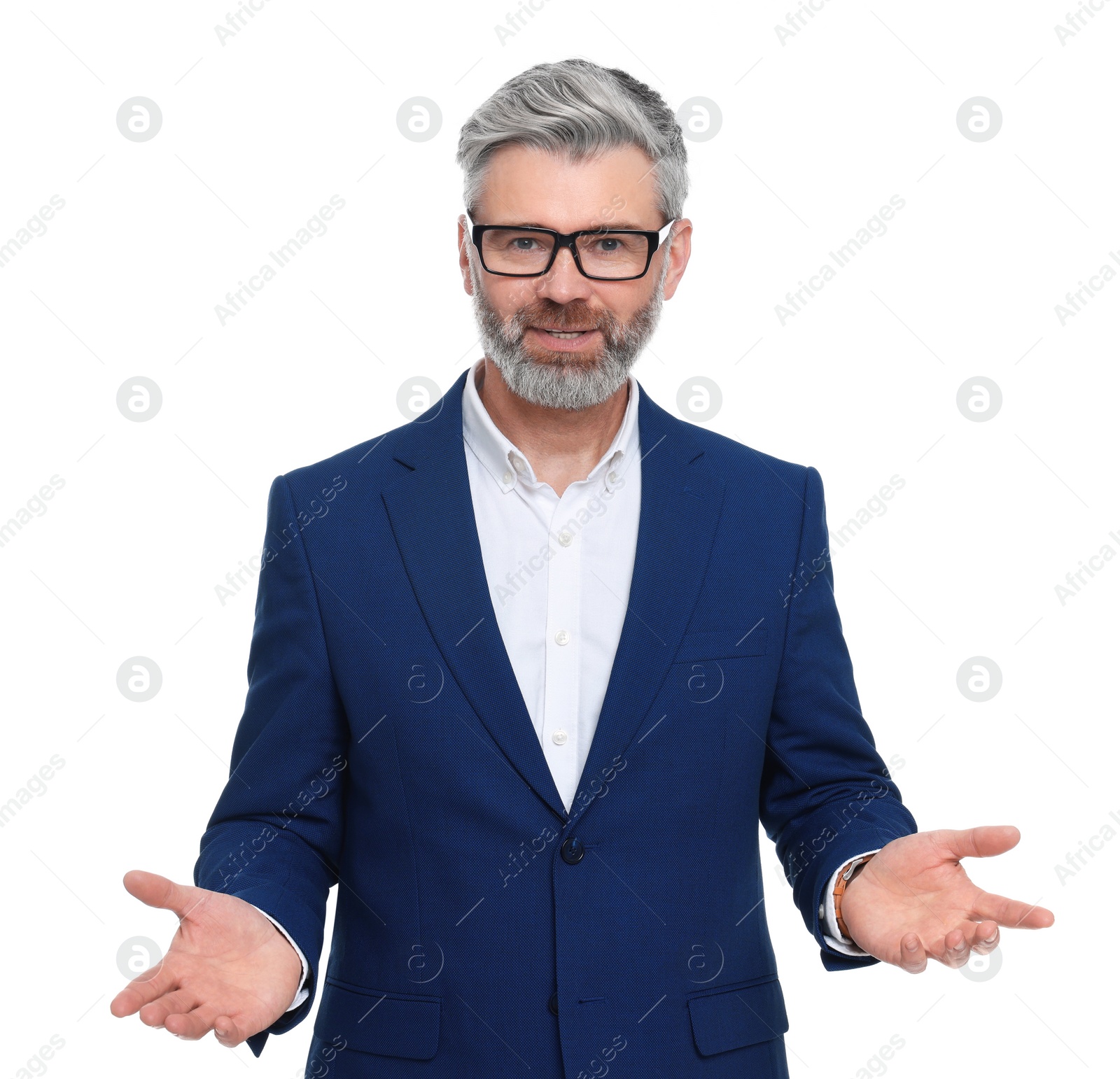 Photo of Mature businessman in stylish clothes posing on white background