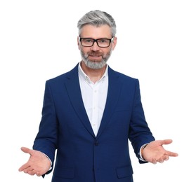 Mature businessman in stylish clothes posing on white background