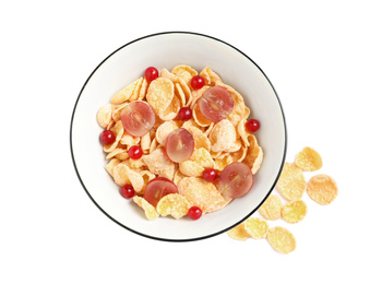 Photo of Corn flakes with berries on white background, top view. Healthy breakfast