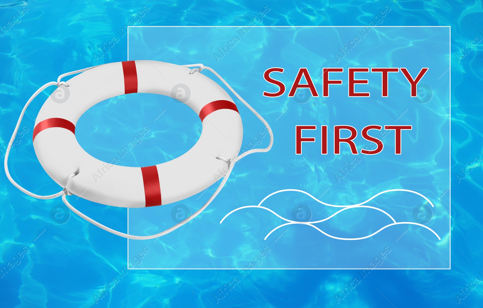 Image of Safety first. Life buoy in swimming pool with clean blue water 