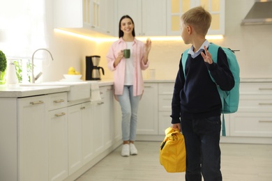 Little boy with lunch bag and mother in kitchen. Getting ready for school