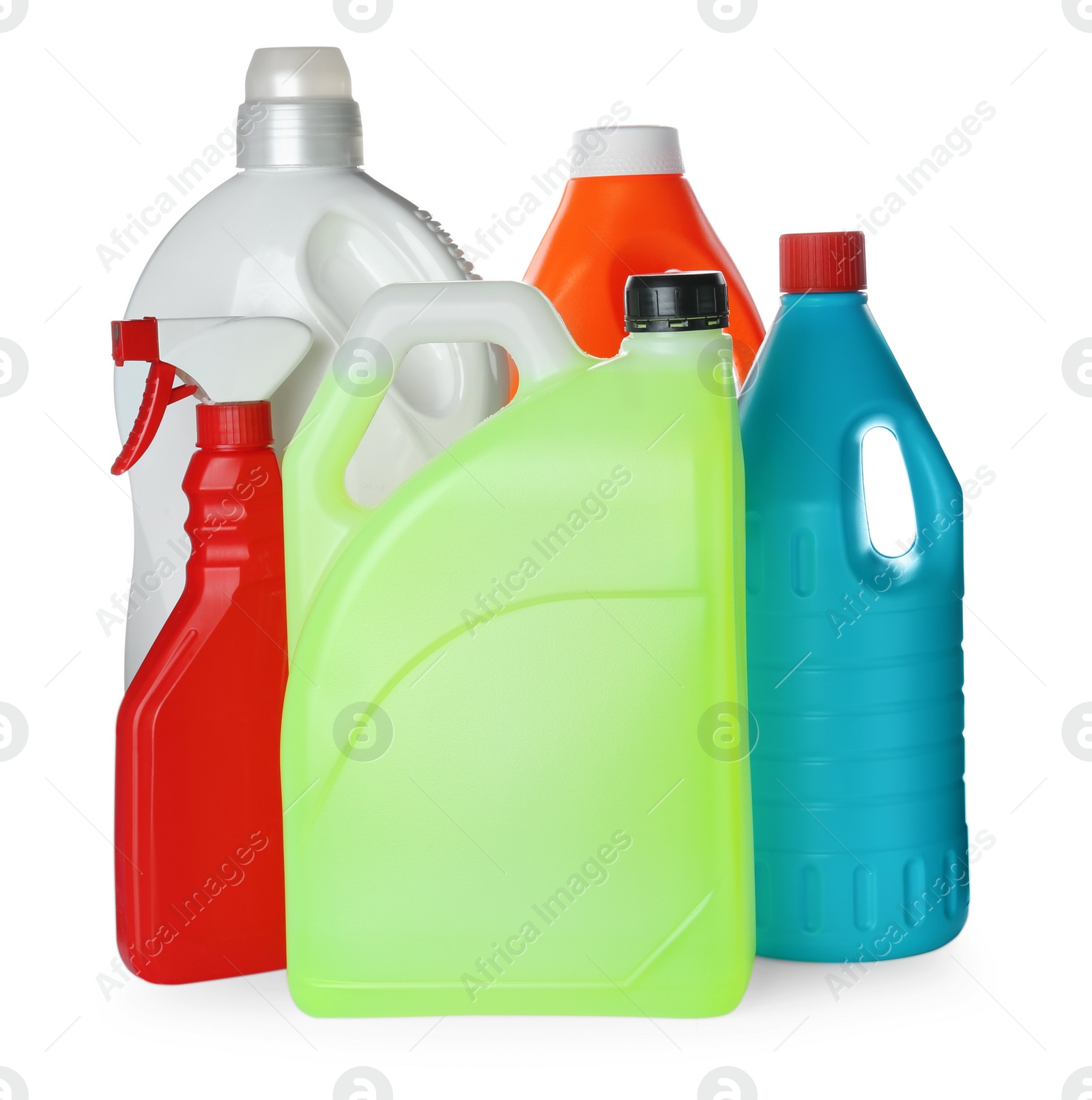 Photo of Different bottles of cleaning supplies on white background