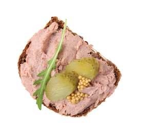 Photo of Delicious liverwurst sandwich with cucumber, mustard and arugula isolated on white, top view