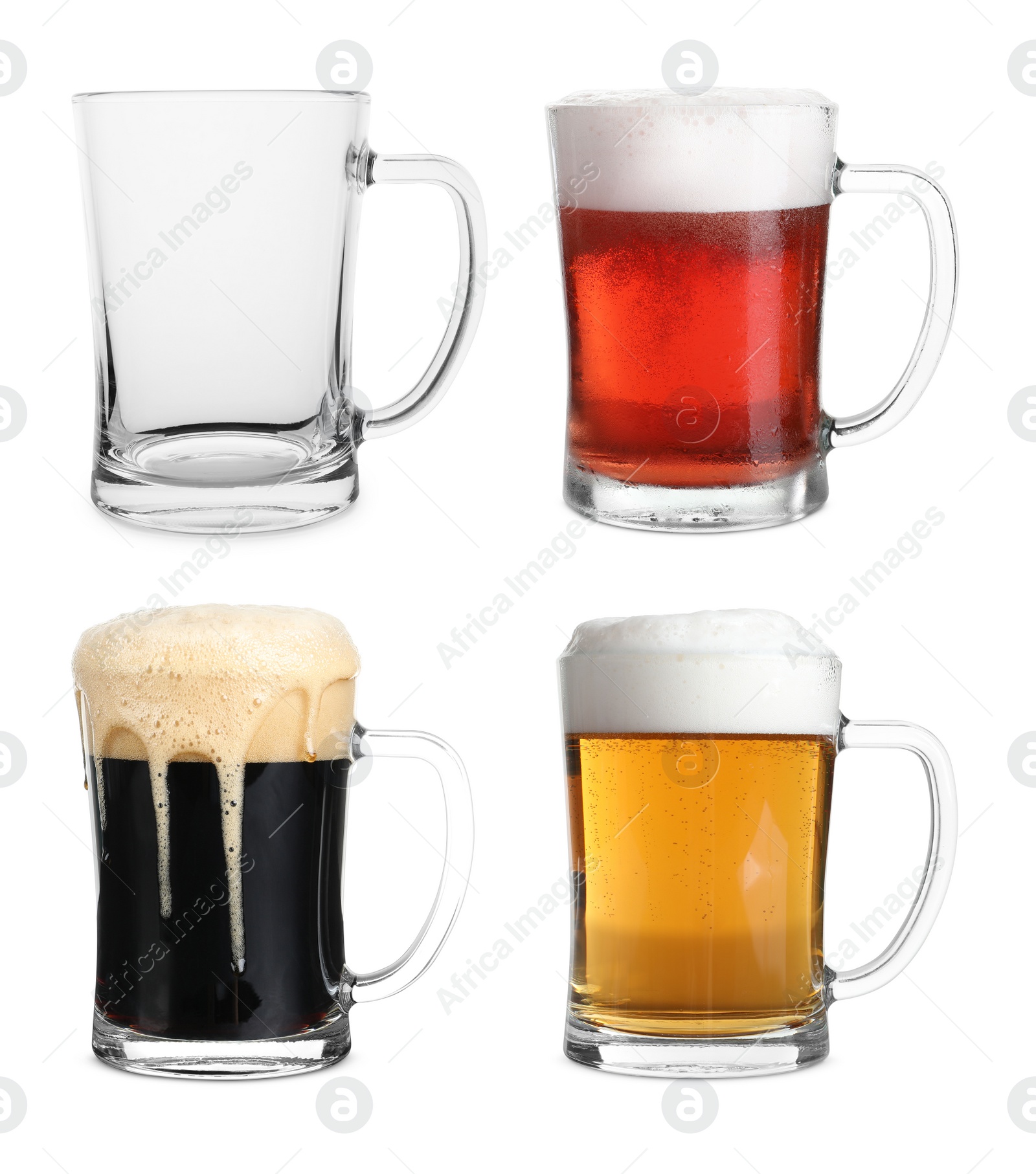 Image of Set with empty and full of beer glasses on white background