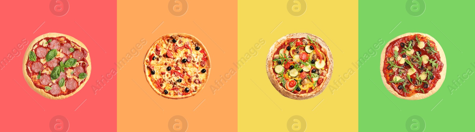 Image of Set of delicious pizzas on different color backgrounds, top view. Banner design