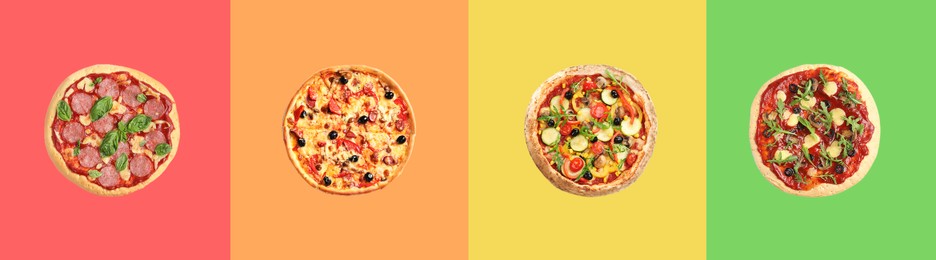 Image of Set of delicious pizzas on different color backgrounds, top view. Banner design