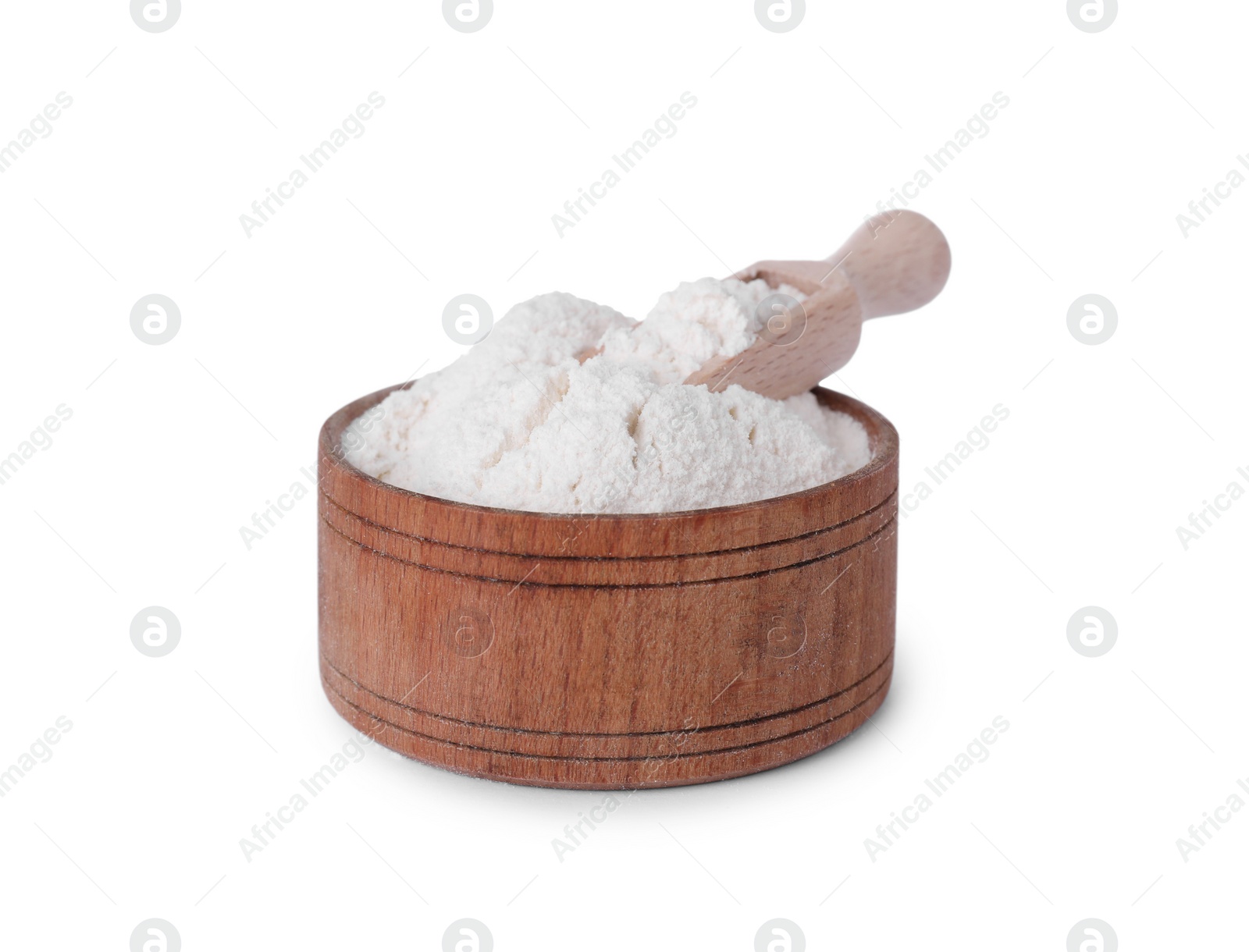 Photo of Wooden bowl with bean flour and scoop isolated on white