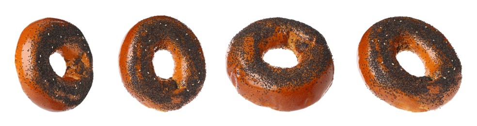 Image of Set with tasty fresh bagels on white background. Banner design