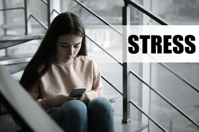 Image of Depressed young girl sitting on stairs indoors and word STRESS