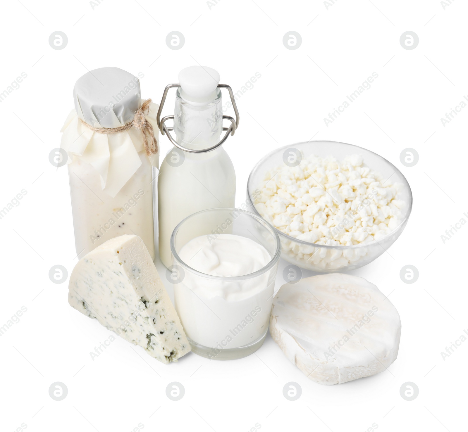 Photo of Different fresh dairy products isolated on white