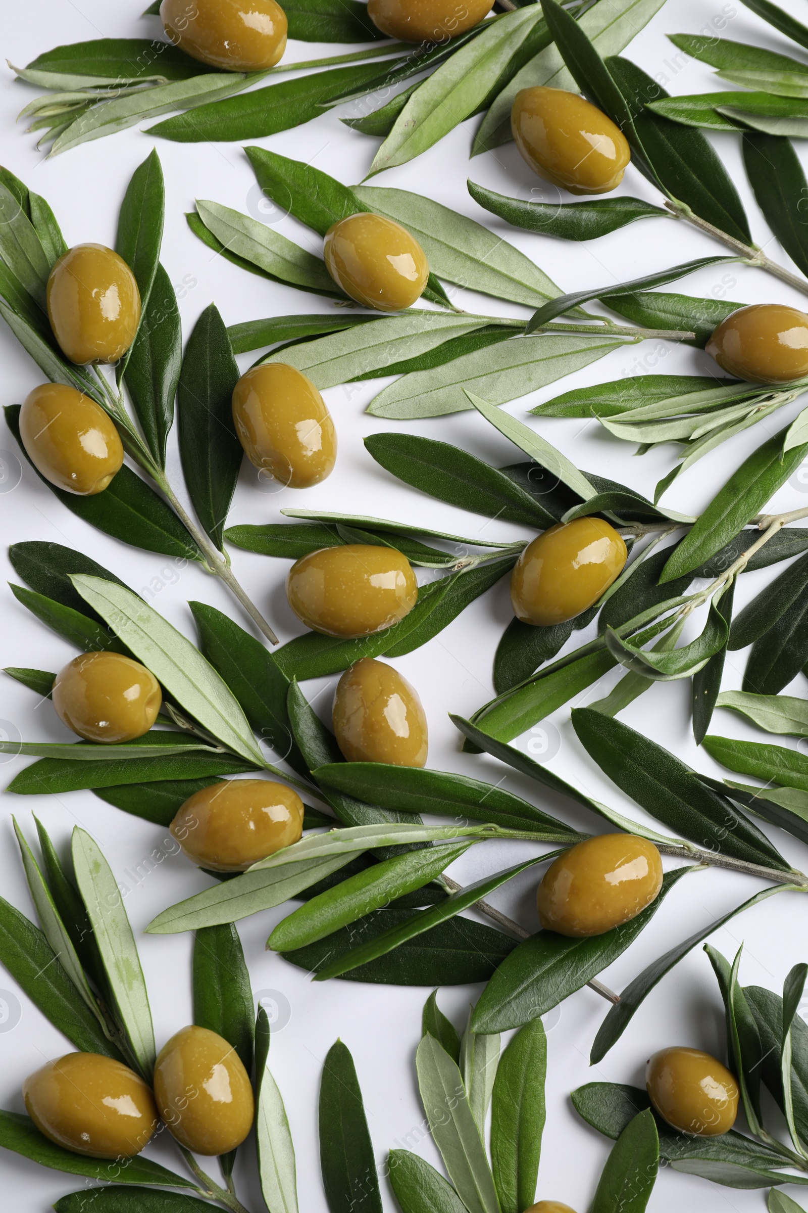 Photo of Twigs with olives and fresh green leaves on white background, flat lay