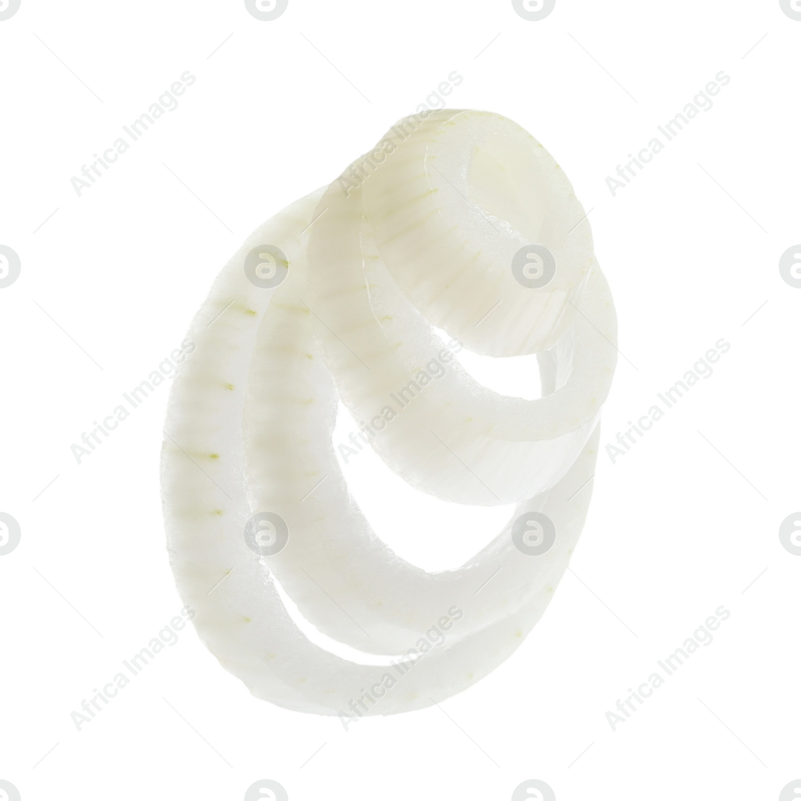 Photo of Fresh raw onion rings on white background