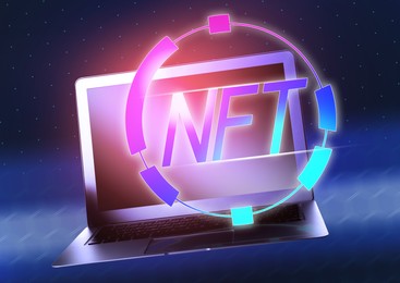 Image of Abbreviation NFT (non-fungible token) and laptop on color background
