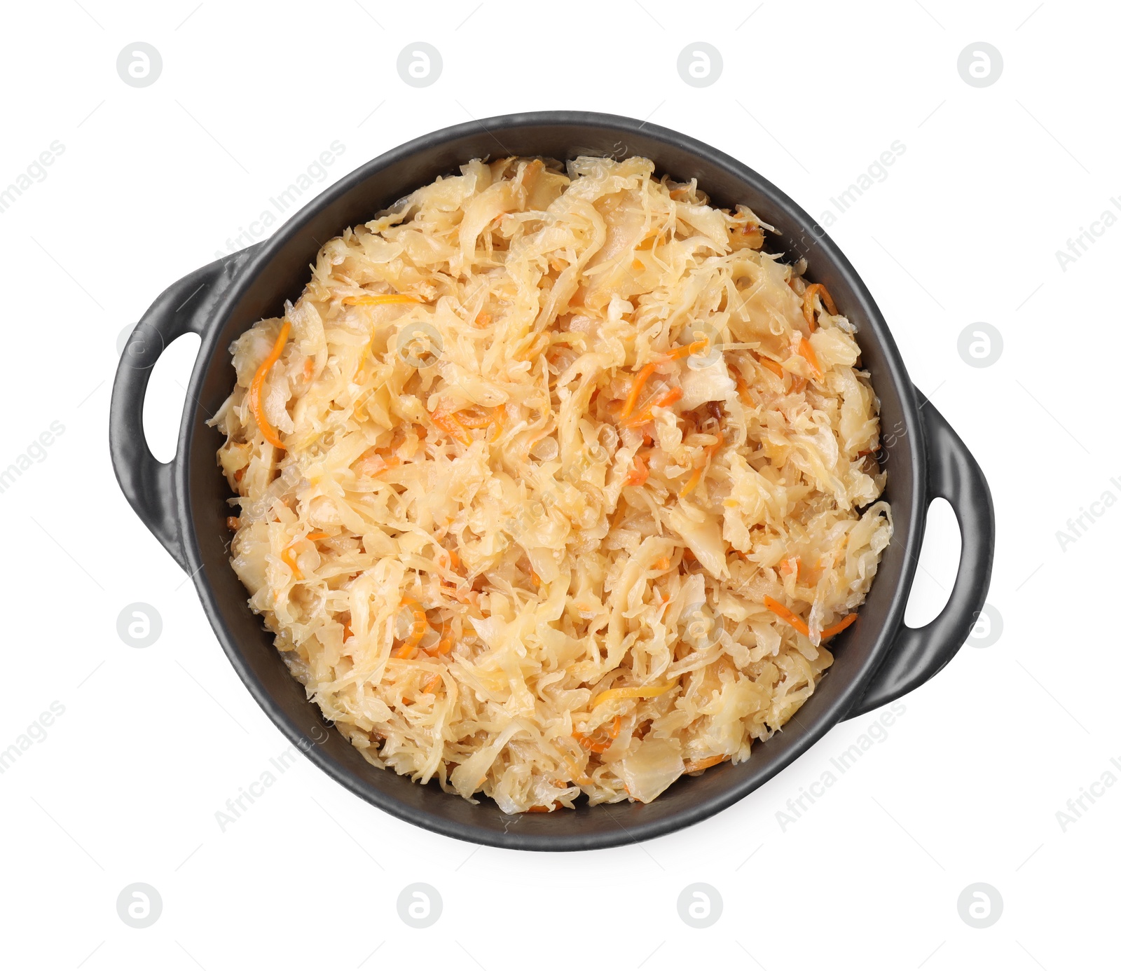 Photo of Serving pan with sauerkraut isolated on white, top view