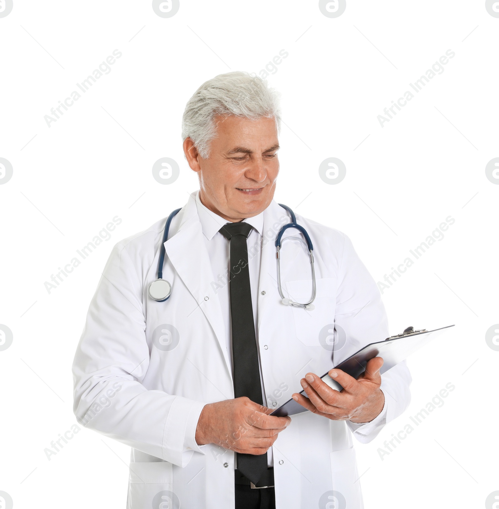 Photo of Portrait of male doctor with clipboard isolated on white. Medical staff