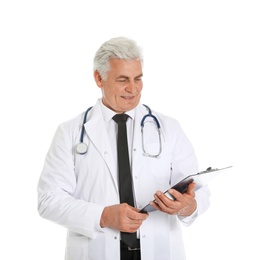 Photo of Portrait of male doctor with clipboard isolated on white. Medical staff
