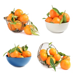 Image of Set of fresh ripe tangerines on white background