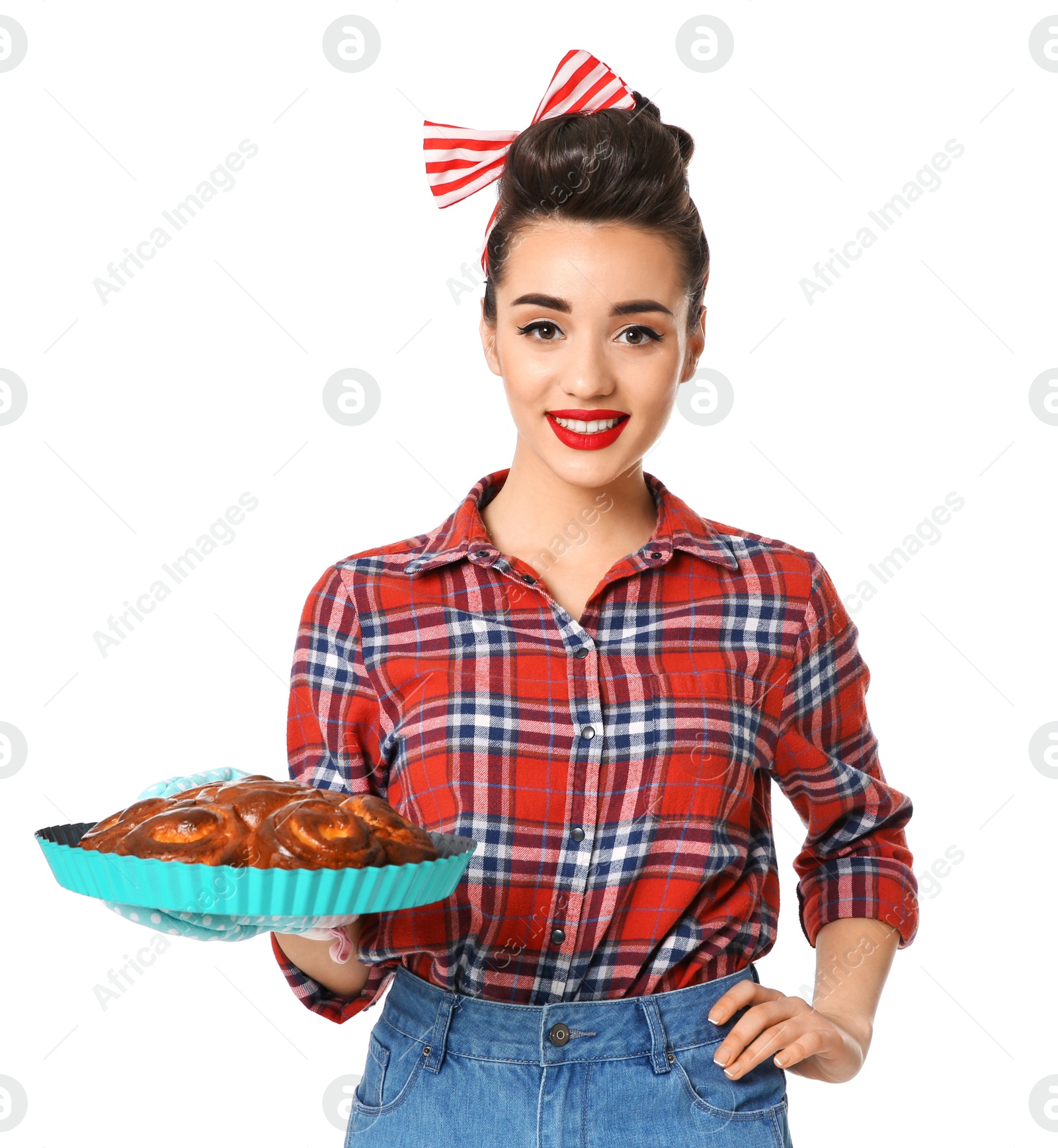 Photo of Funny young housewife with homemade pastry on white background