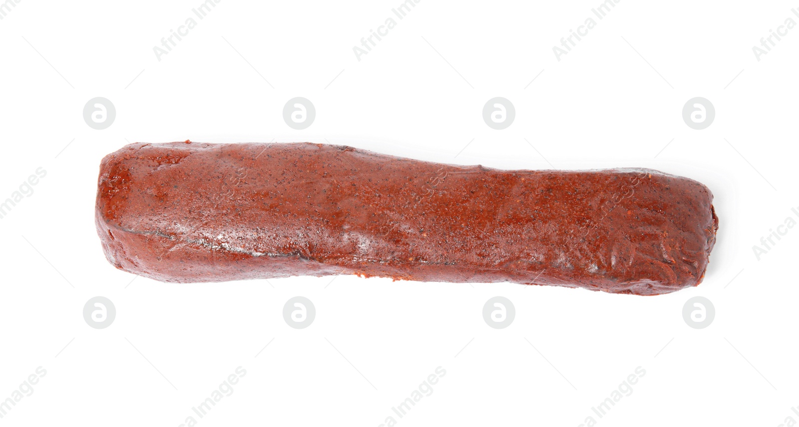 Photo of Delicious dry-cured beef basturma isolated on white, top view