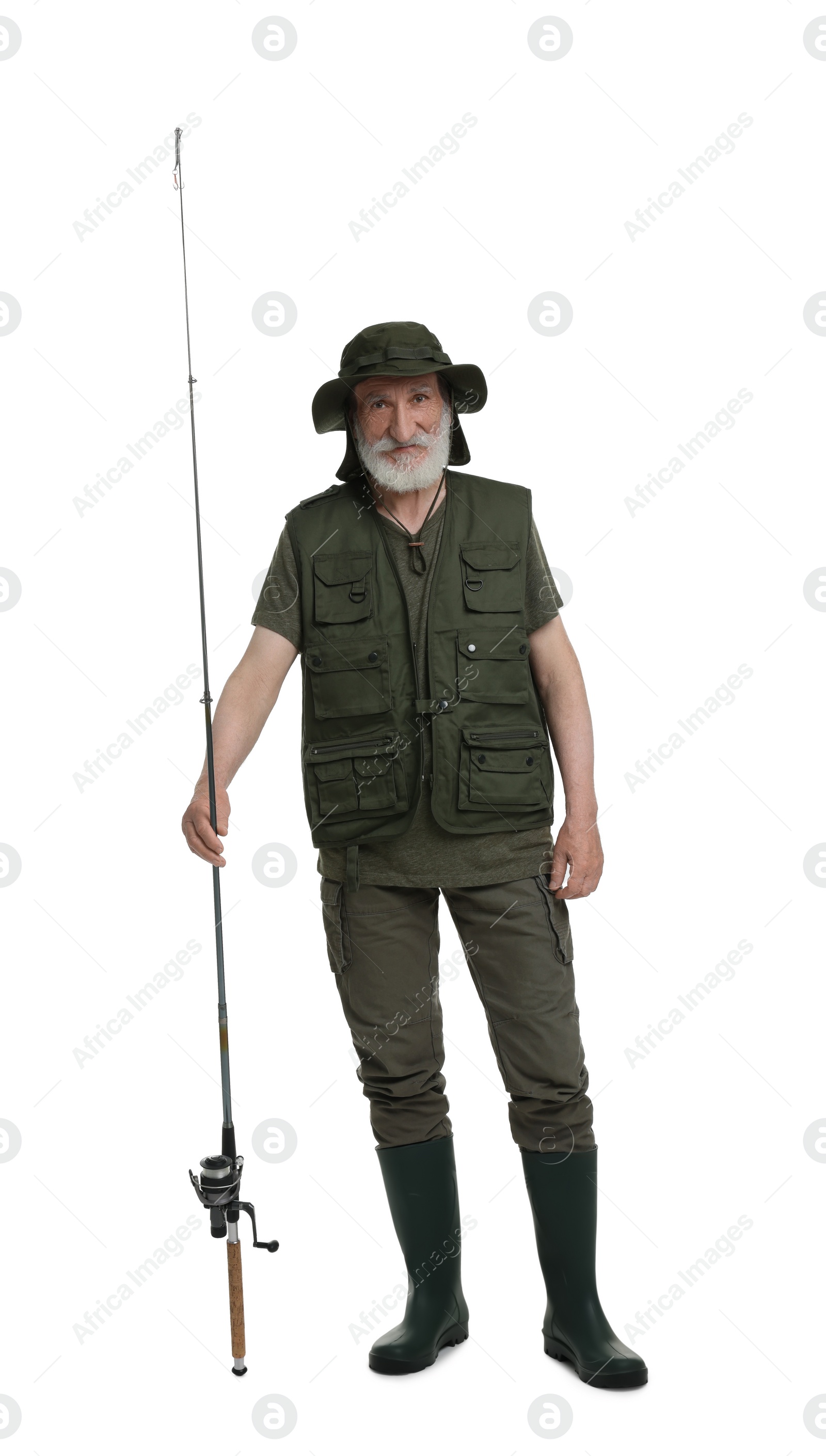 Photo of Fisherman with fishing rod isolated on white