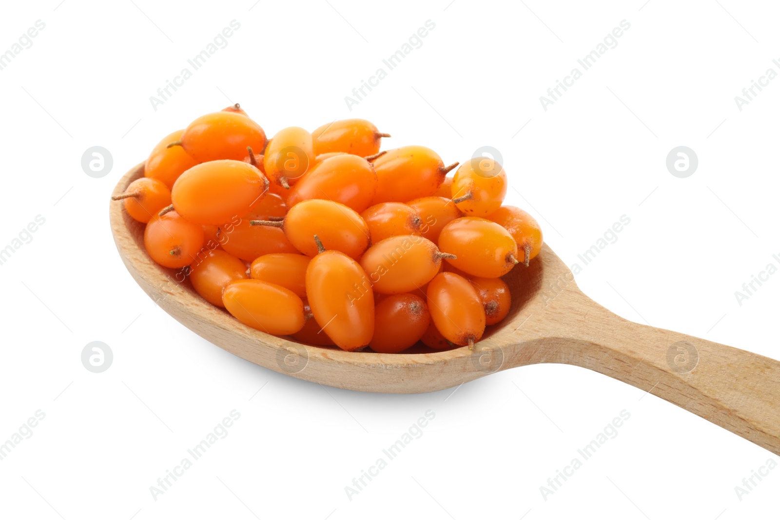 Photo of Fresh ripe sea buckthorn berries in wooden spoon on white background