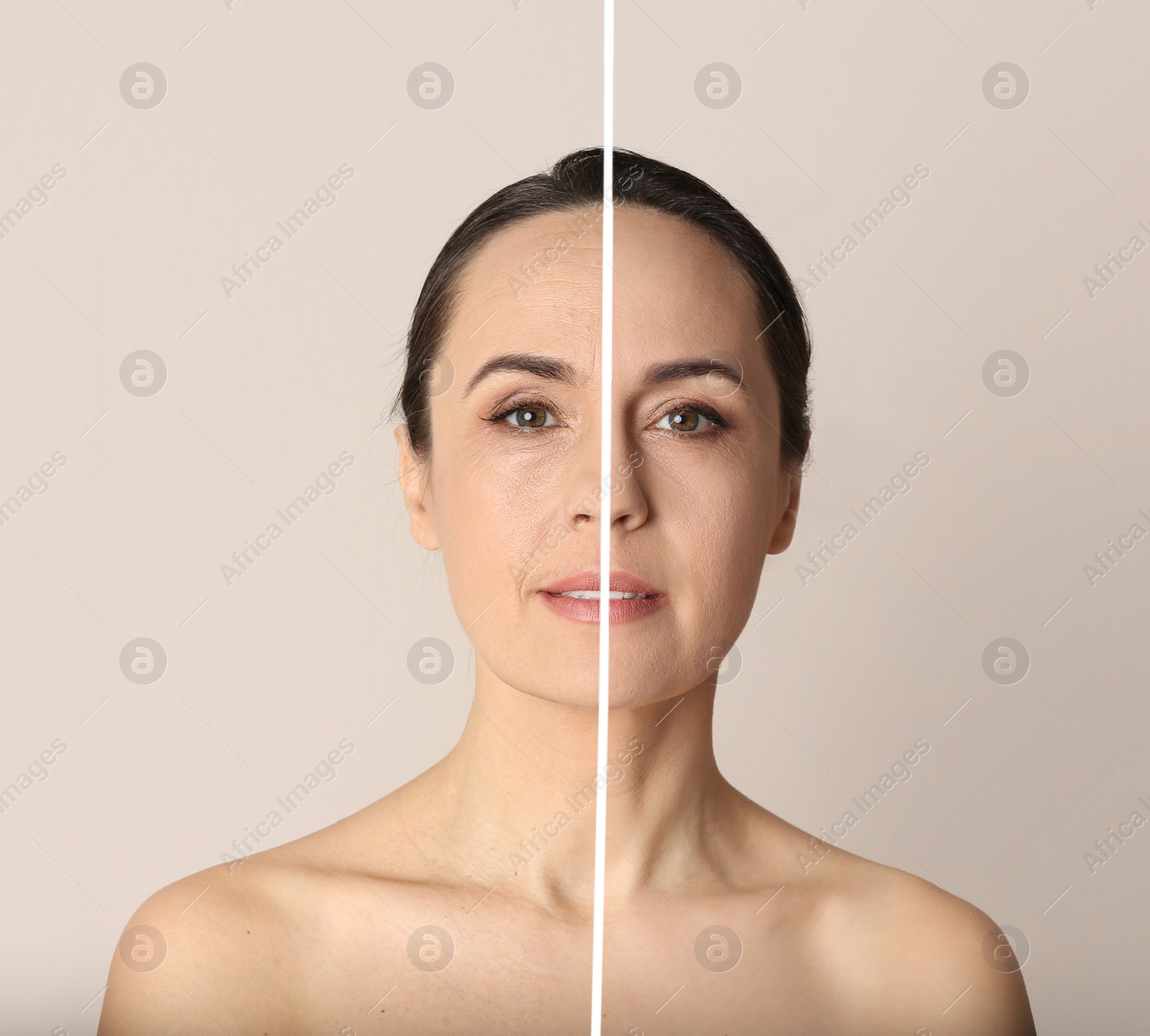 Image of Photo before and after retouch, collage. Portrait of beautiful mature woman on beige background 