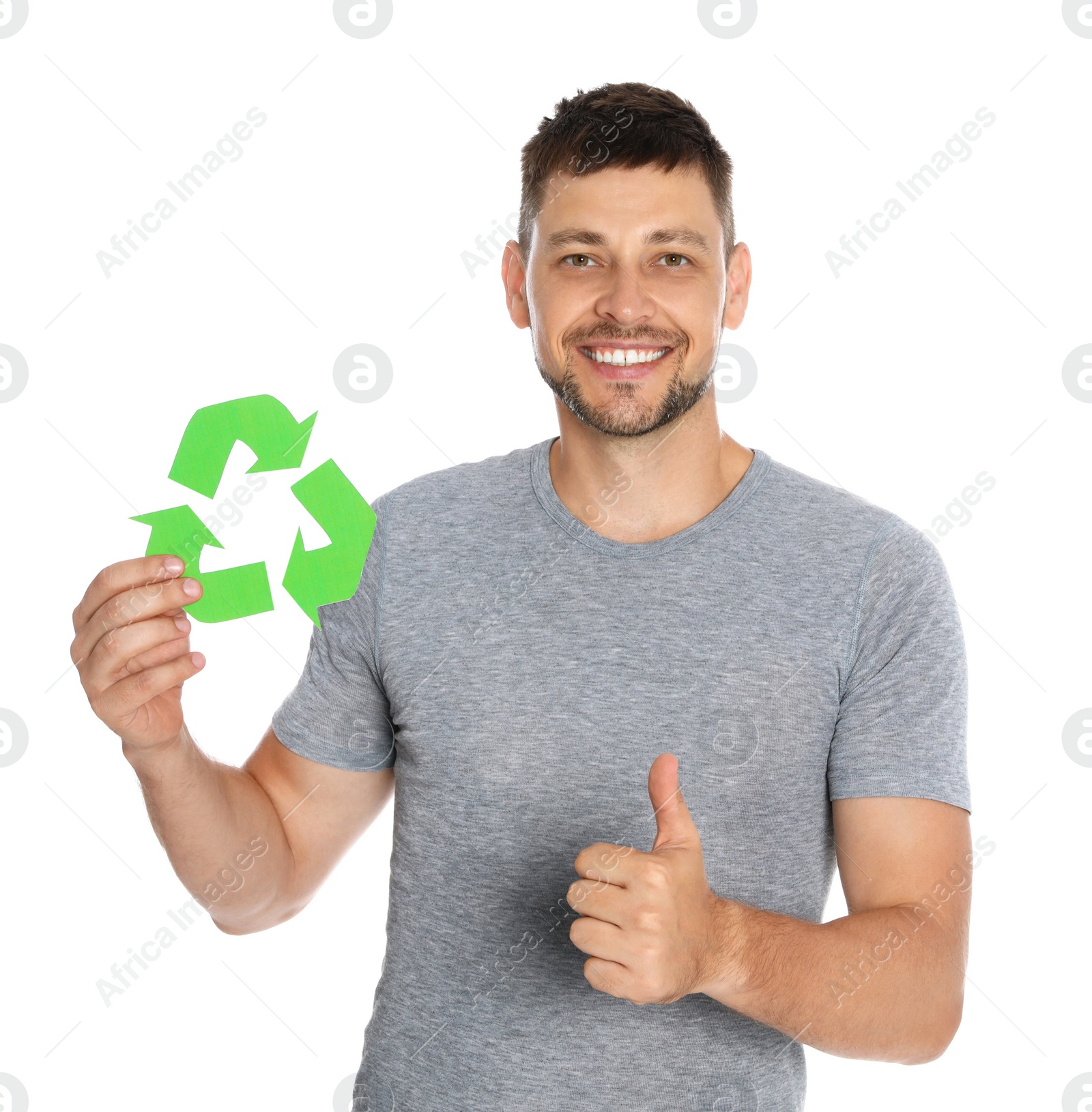 Photo of Man with recycling symbol on white background
