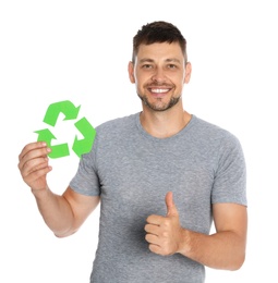 Photo of Man with recycling symbol on white background