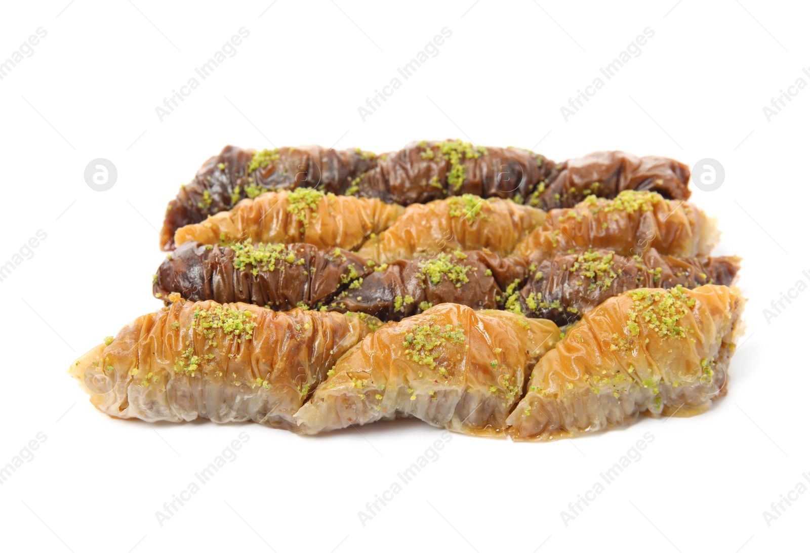 Photo of Delicious sweet baklava with pistachio nuts on white background