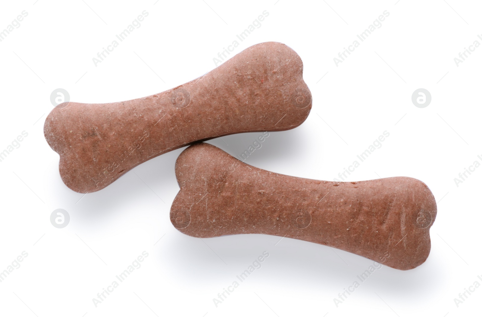 Photo of Bone shaped dog cookies on white background, top view