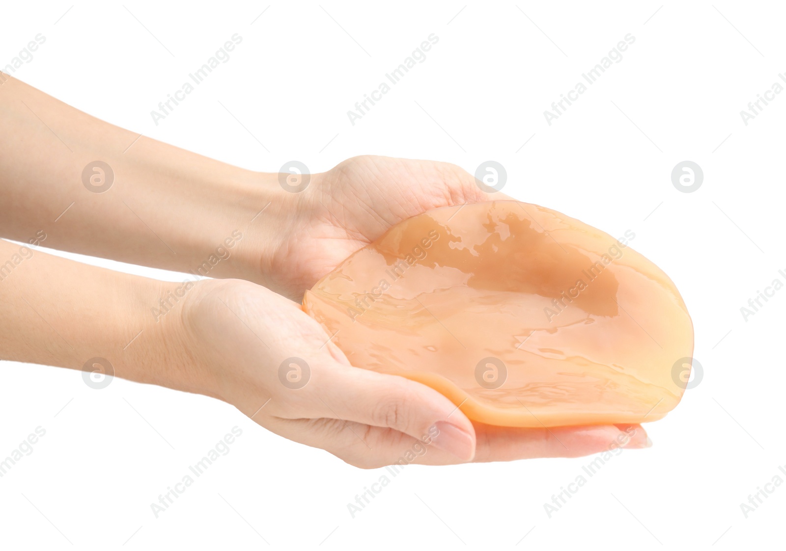 Photo of Making kombucha. Woman holding Scoby fungus on white background, closeup