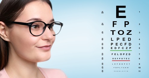 Vision test. Woman in glasses and eye chart on light blue background, banner design