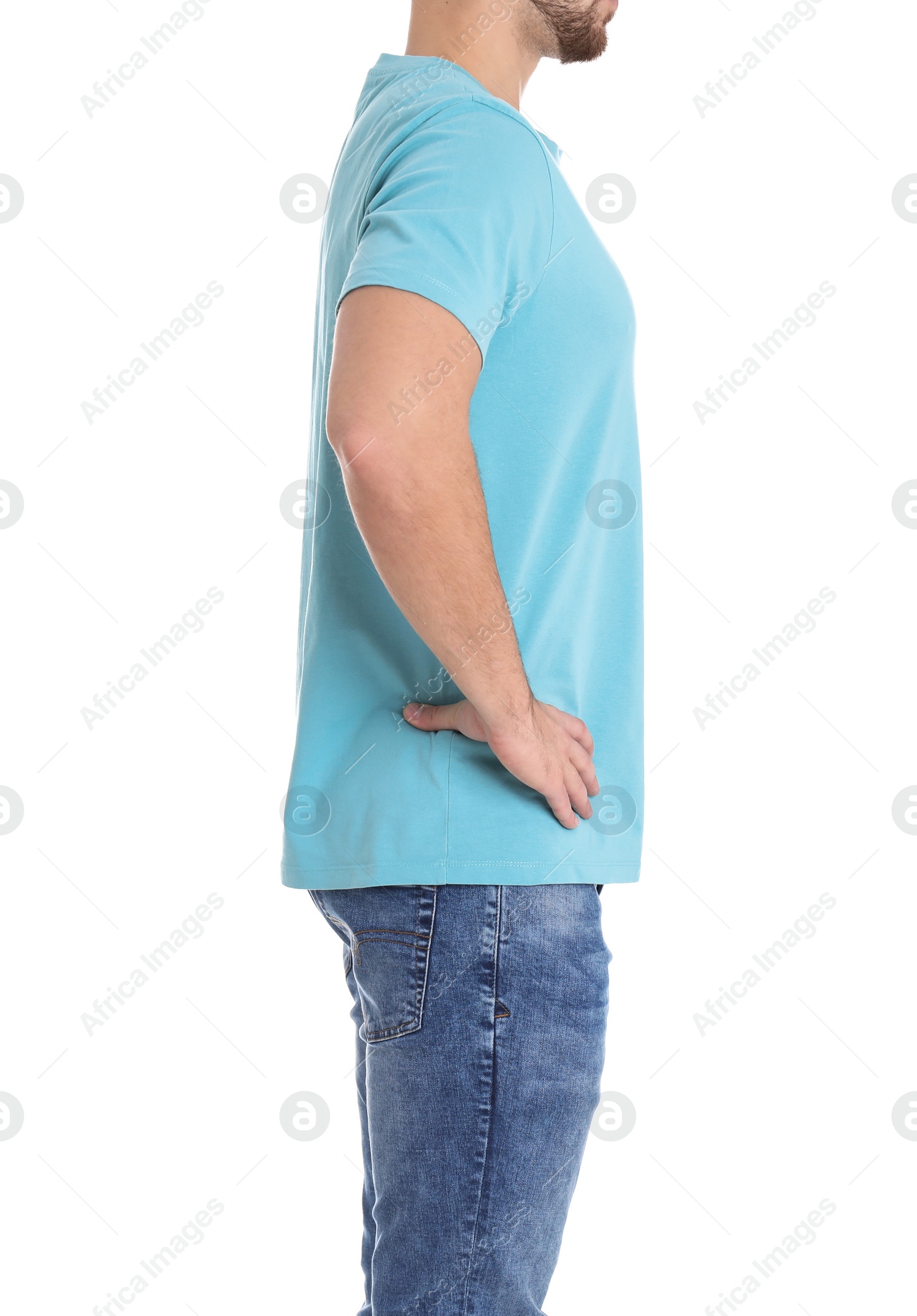 Photo of Young man on white background, closeup. Weight loss