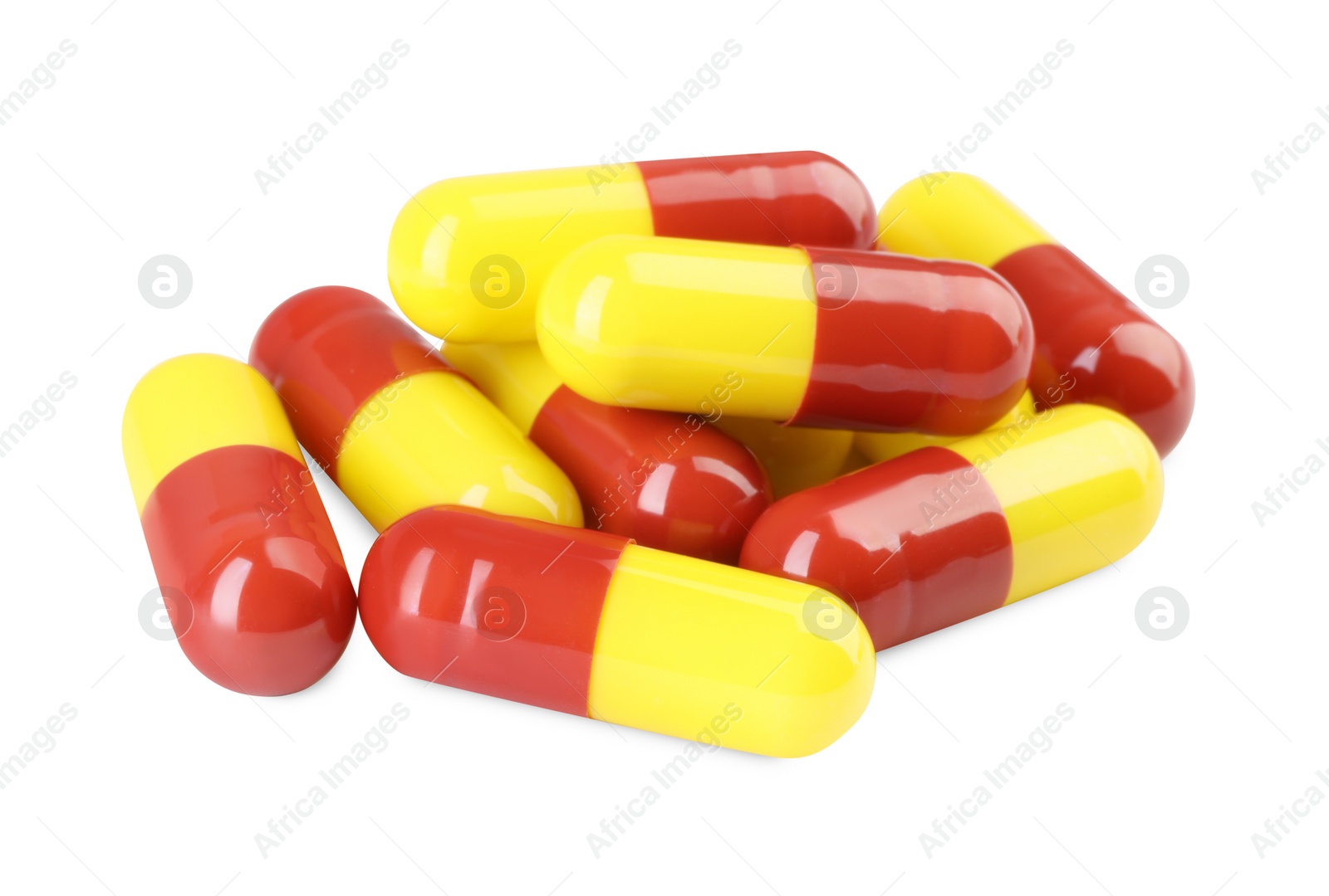 Photo of Many antibiotic pills isolated on white. Medicinal treatment