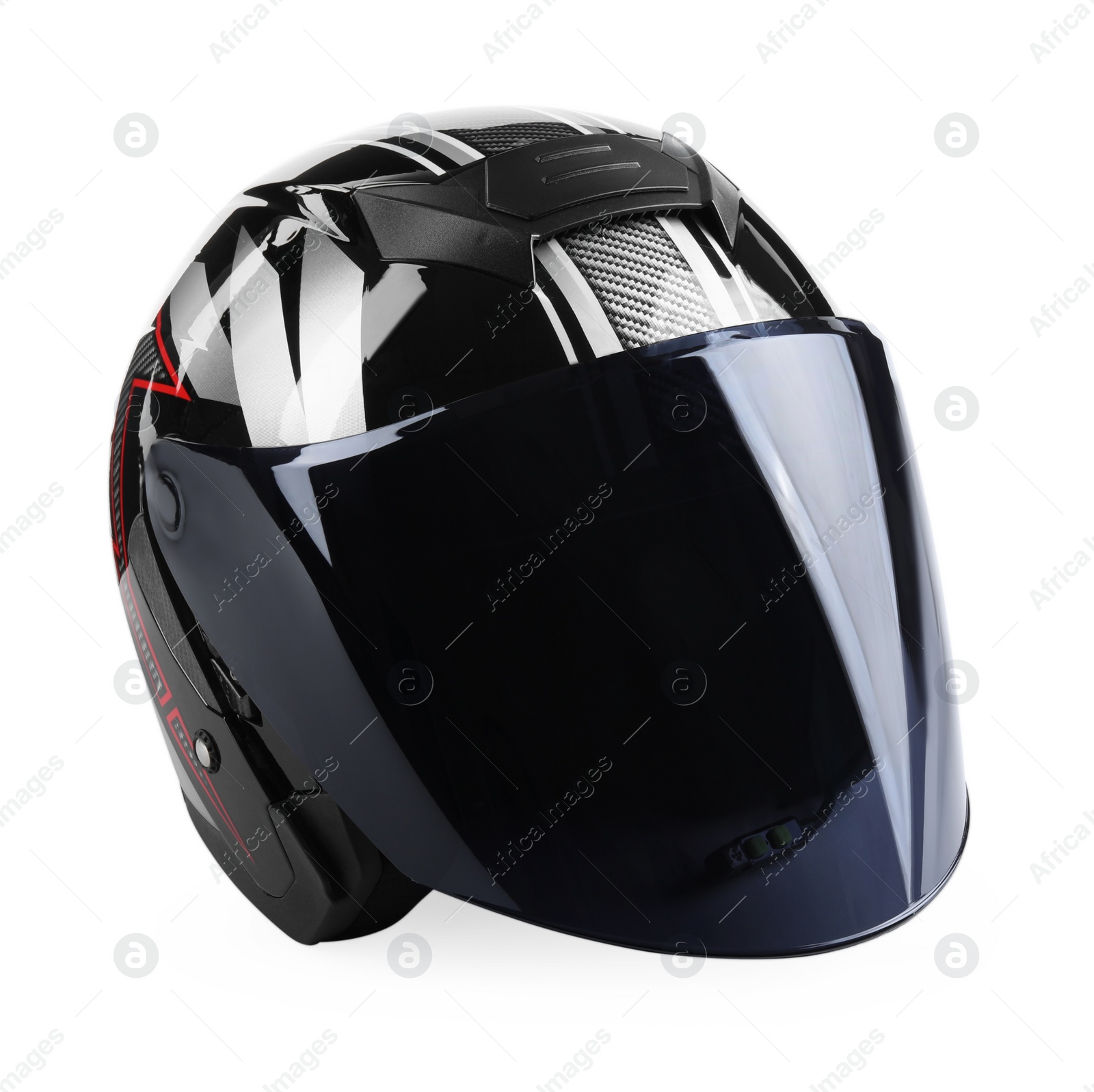 Photo of Modern motorcycle helmet with visor isolated on white