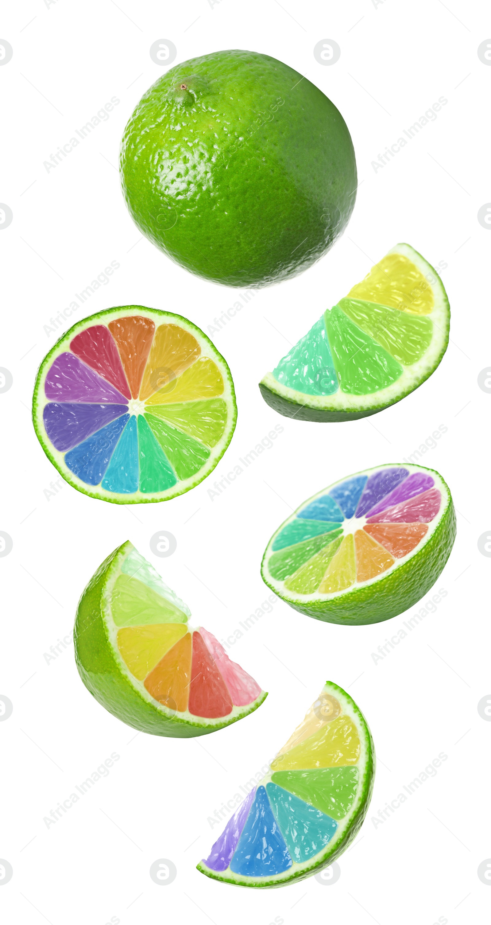 Image of Fresh limes with rainbow segments falling on white background. Brighten your life