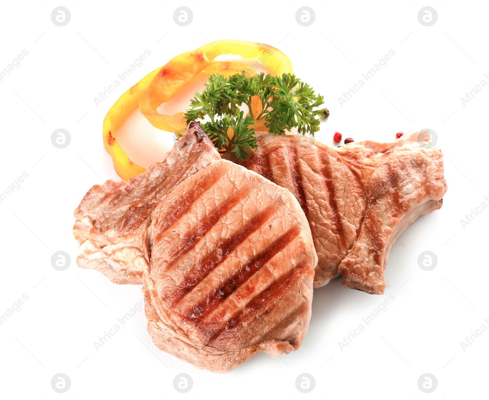 Photo of Delicious grilled meat with pepper and parsley on white background