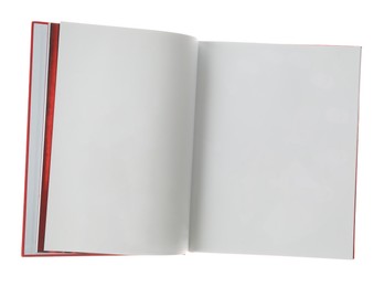 Photo of Open book with red cover on white background, top view. Mockup for design