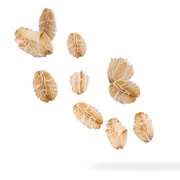 Image of Rolled oat flakes falling on white background