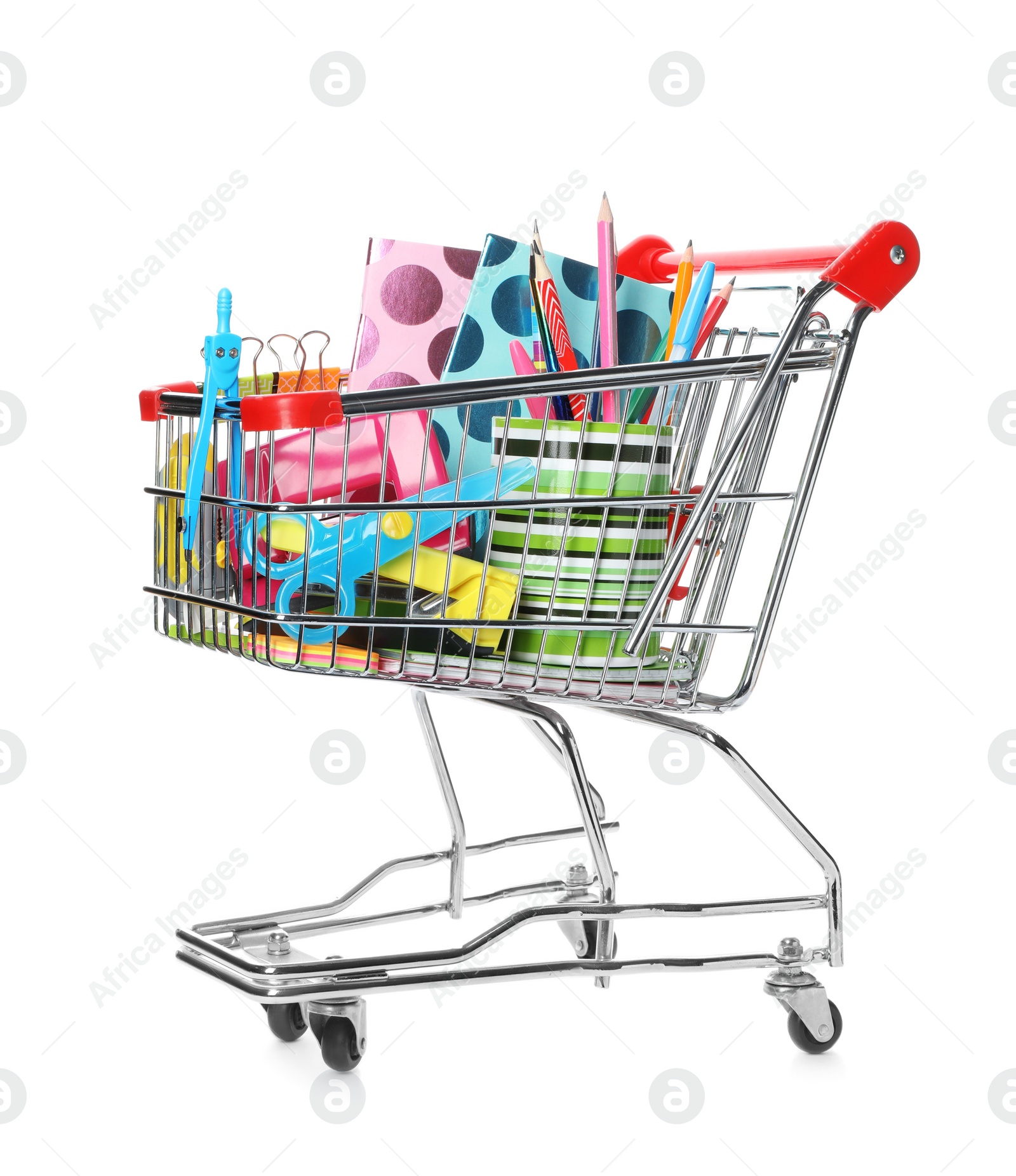 Photo of Small shopping cart with different stationery on white background. Back to school